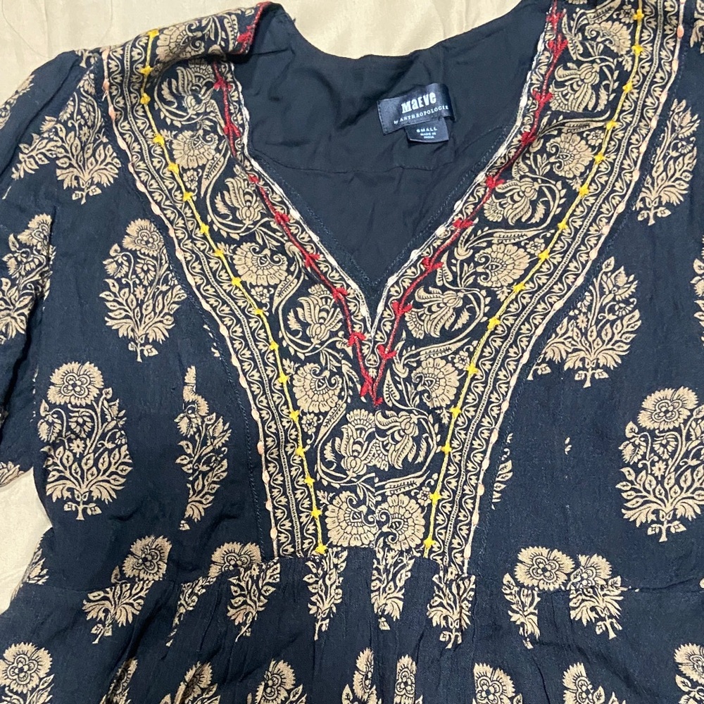 Anthropologie Maeve Black Dresswith Gold Embroidery - Picture 3 of 10